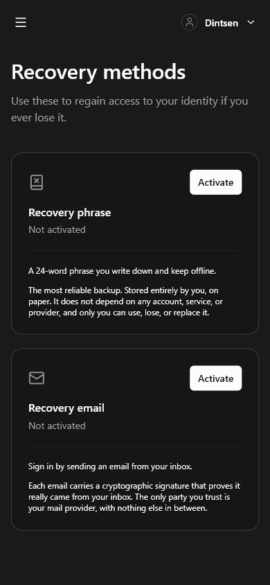 id.ai · Recovery setup · Mobile