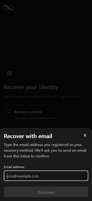 Internet Identity · Recovery email · Empty form · Mobile