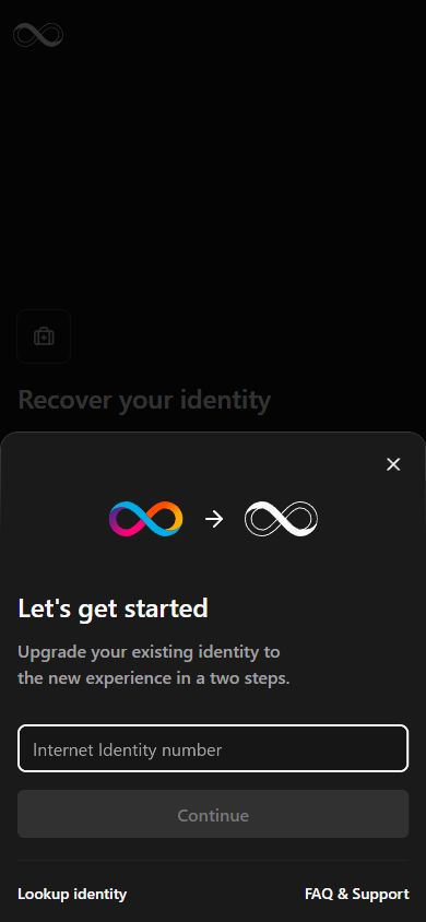 Internet Identity · Legacy identity · Upgrade entry · Mobile