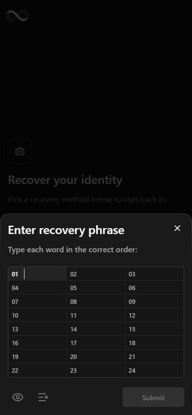 Internet Identity · Recovery phrase · Empty form · Mobile