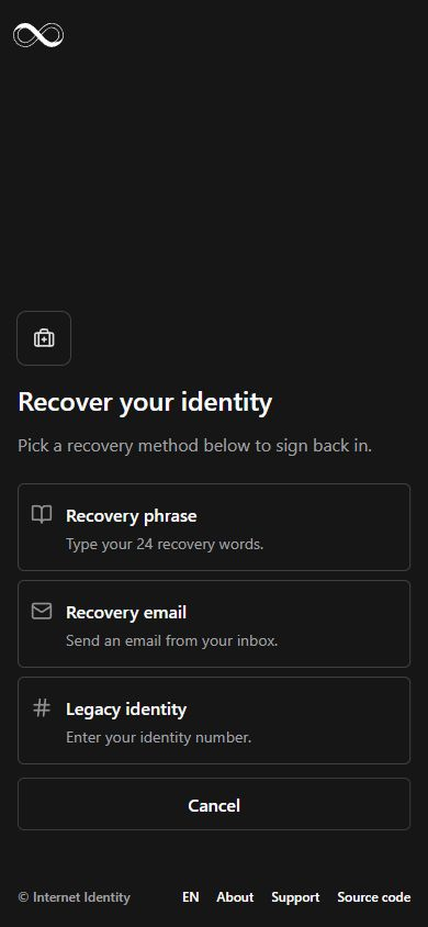 Internet Identity · Choose a recovery method · Mobile