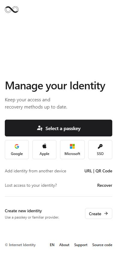 Internet Identity · Sign-in options · Mobile