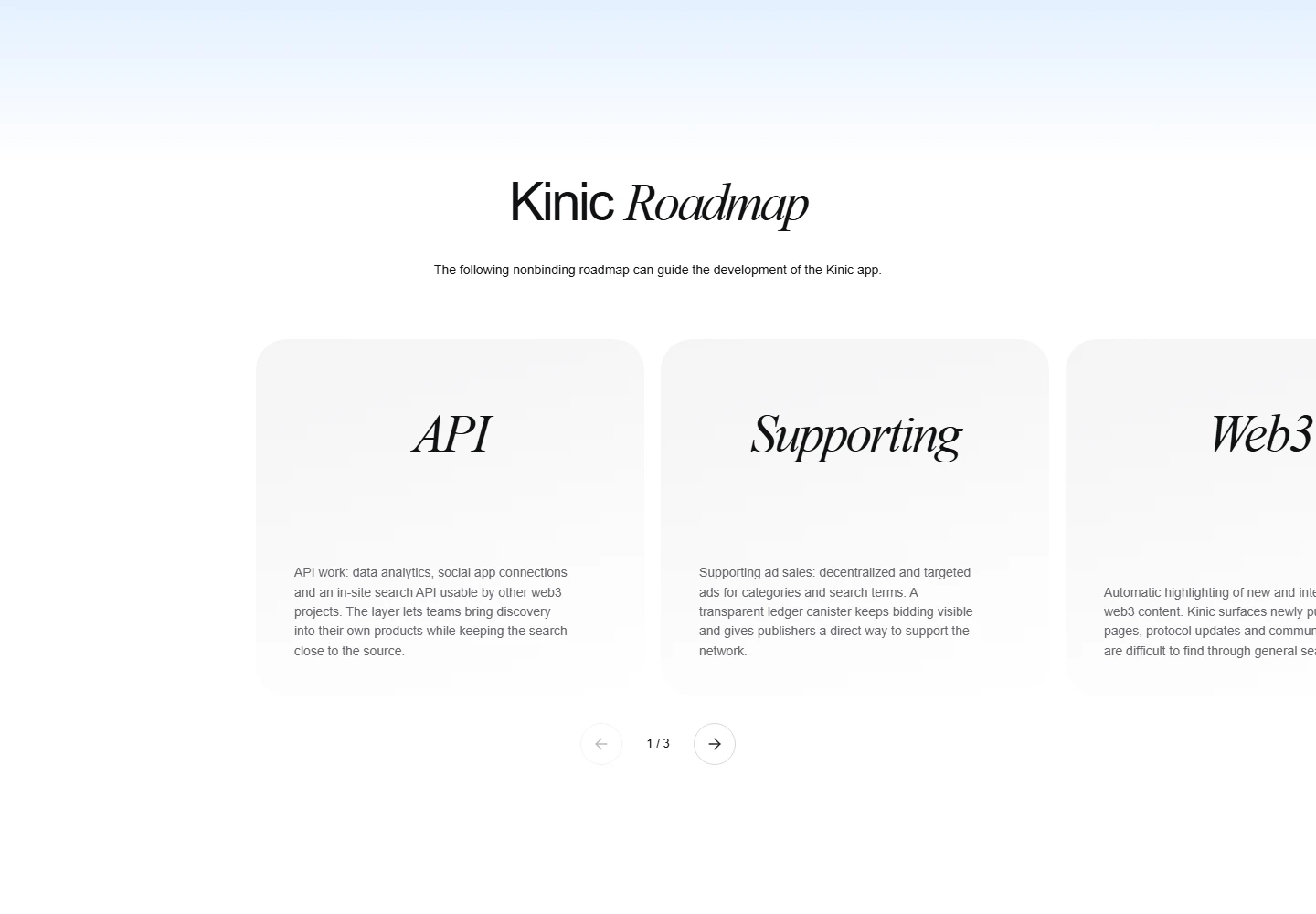 Kinic roadmap as sliding cards