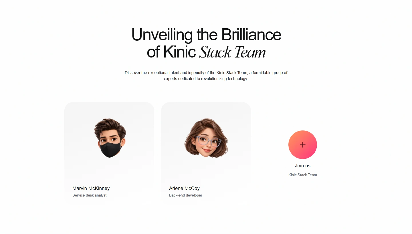 Kinic team cards with a place to join