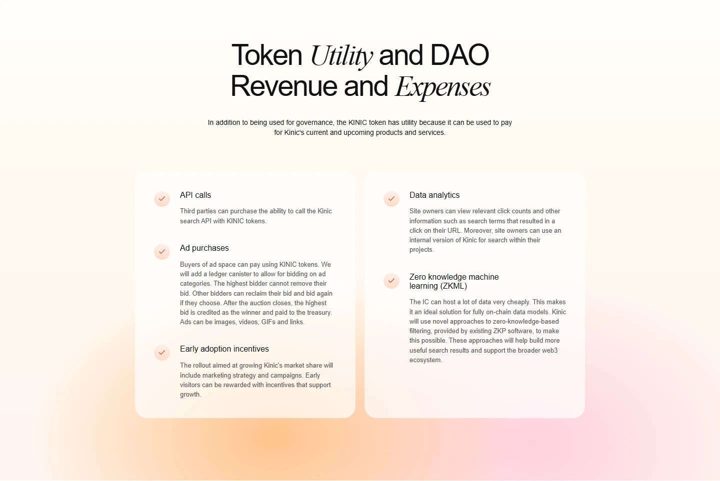 Kinic token utility and DAO revenue cards