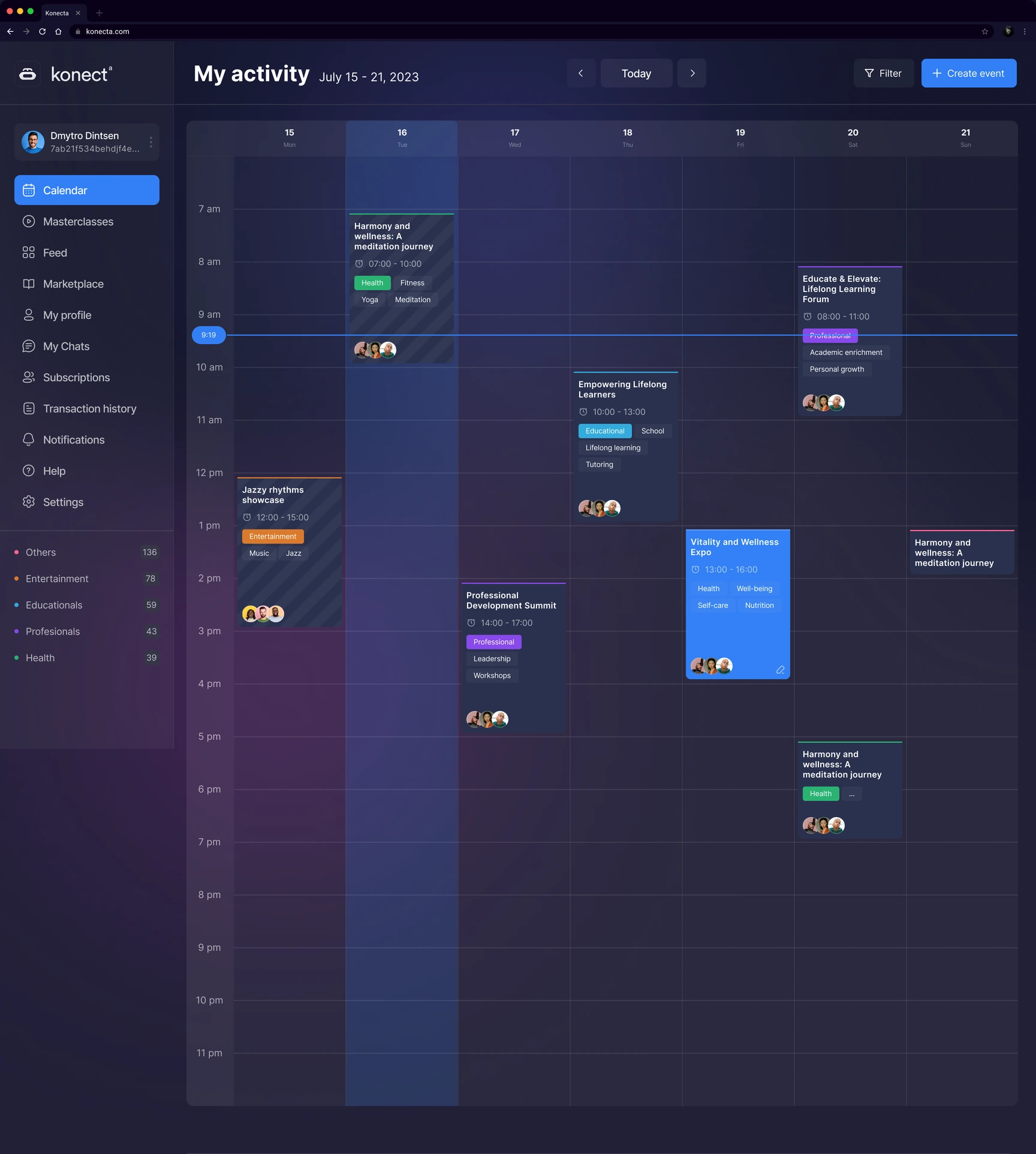 Konecta — Calendar · Weekly activity