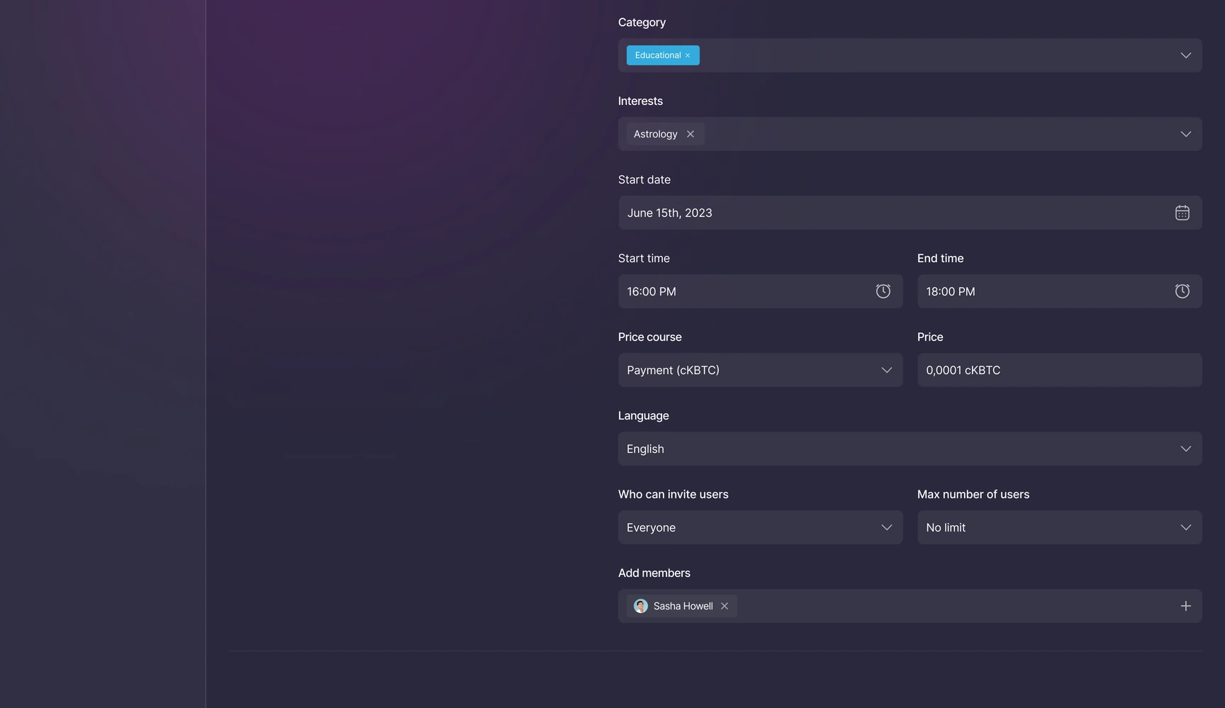 Konecta — Create event · Categories, schedule and participants