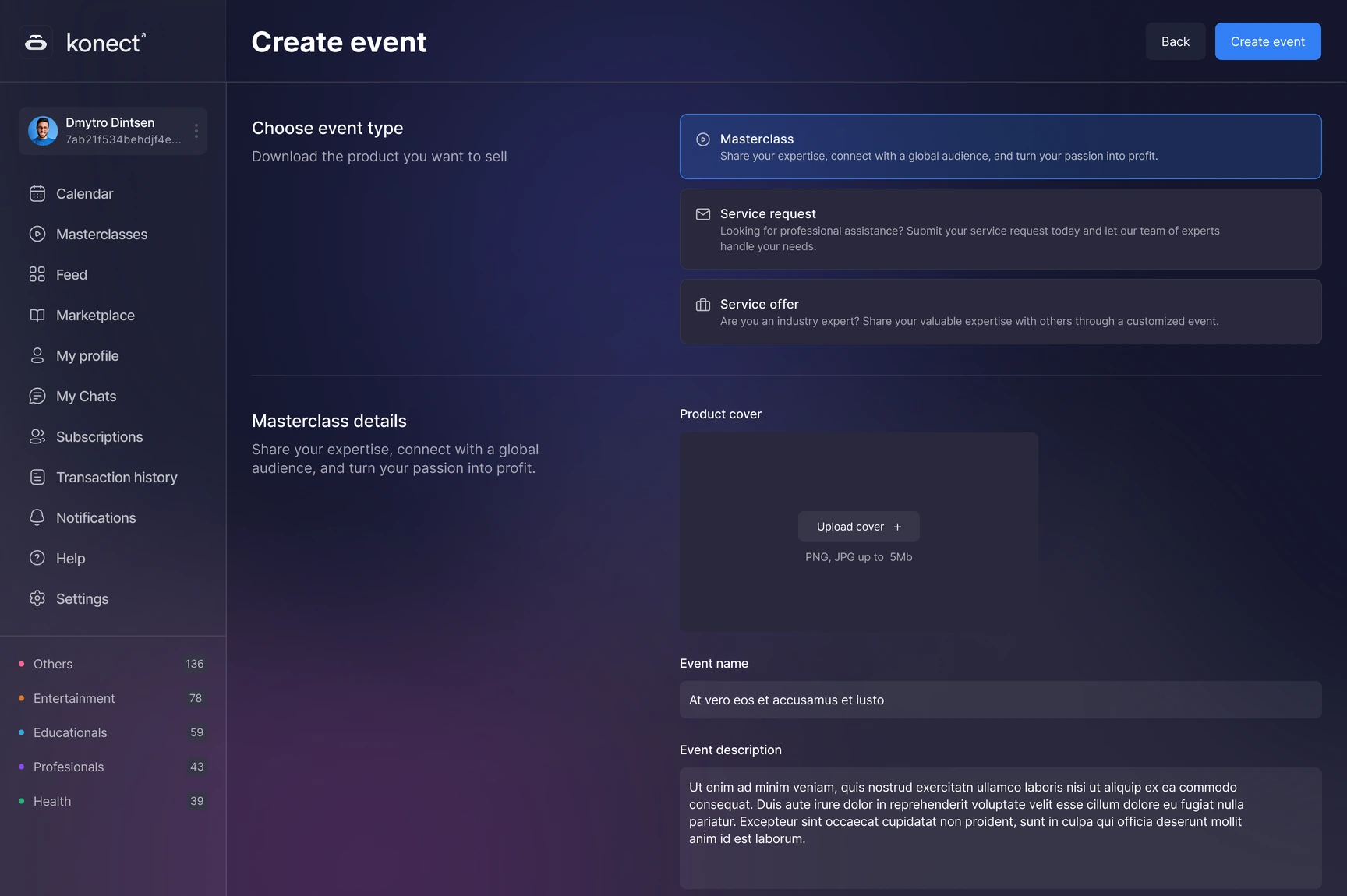 Konecta — Create event · Type, cover and description