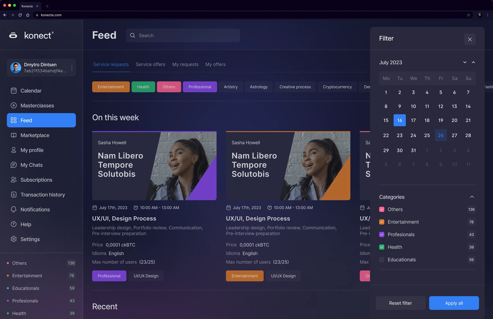 Konecta — Feed · Service requests and filters