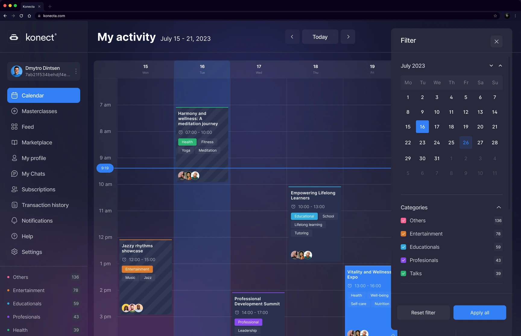 Konecta — Calendar · Date and category filters
