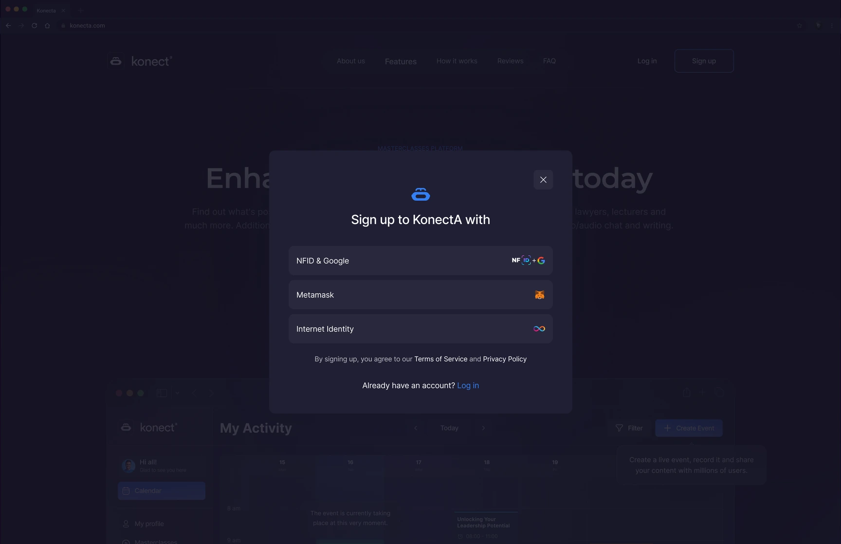 Konecta — Sign up · Wallet and identity options