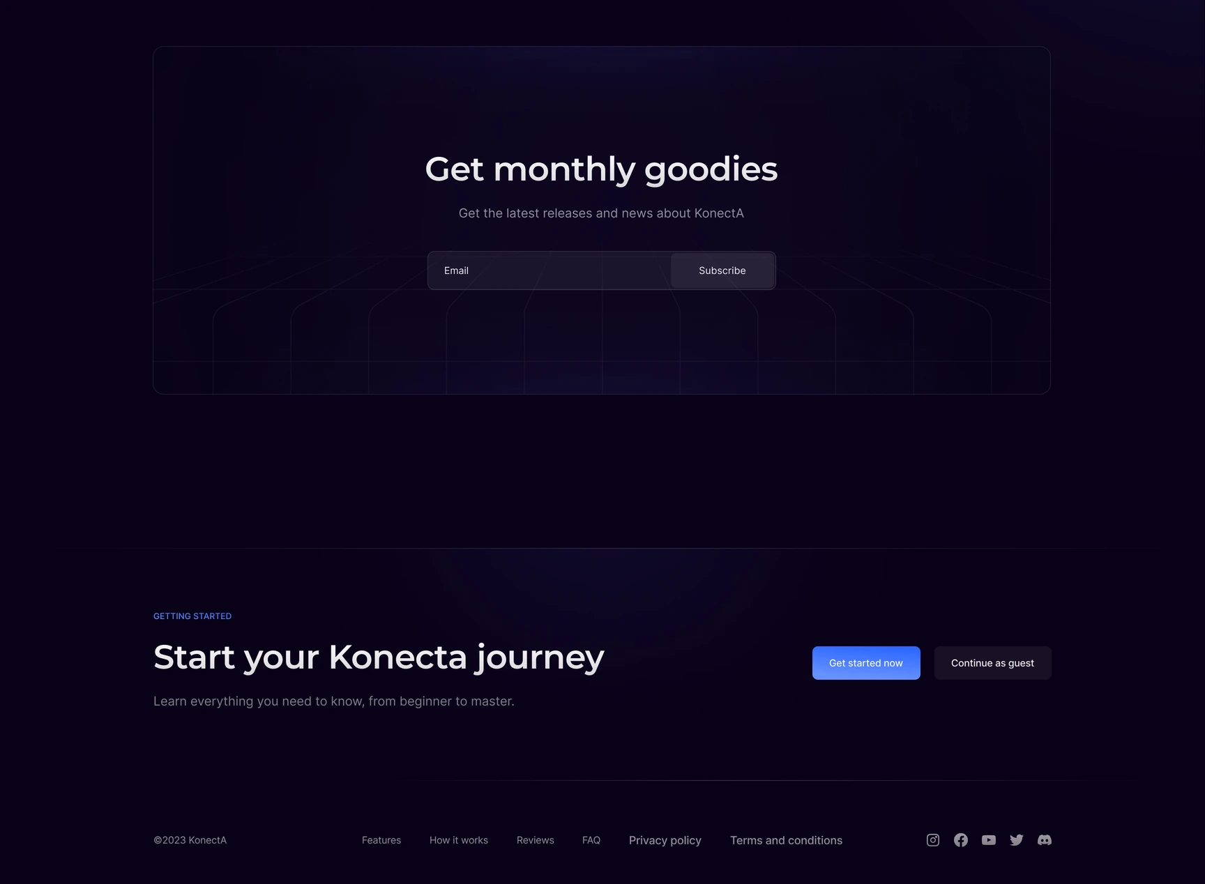 Konecta — Landing · Desktop · Subscription and footer