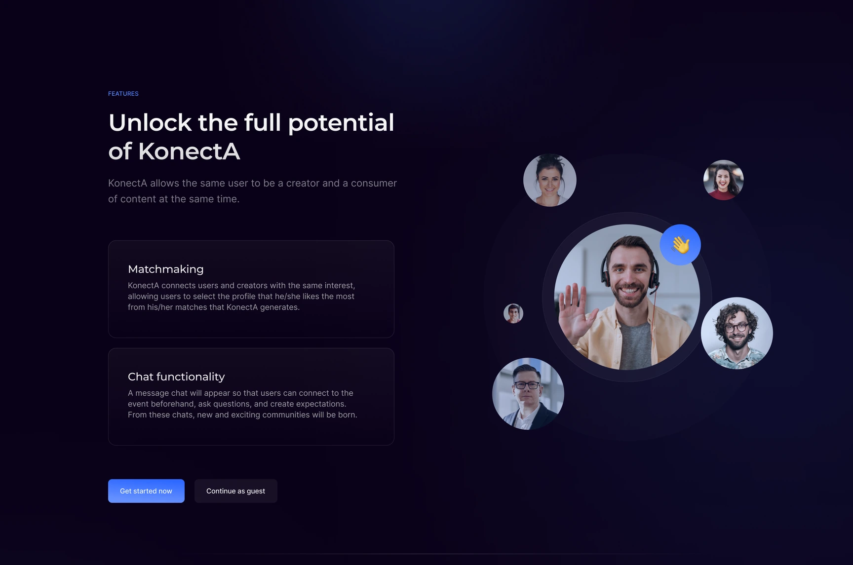 Konecta — Landing · Desktop · Matchmaking and conversations
