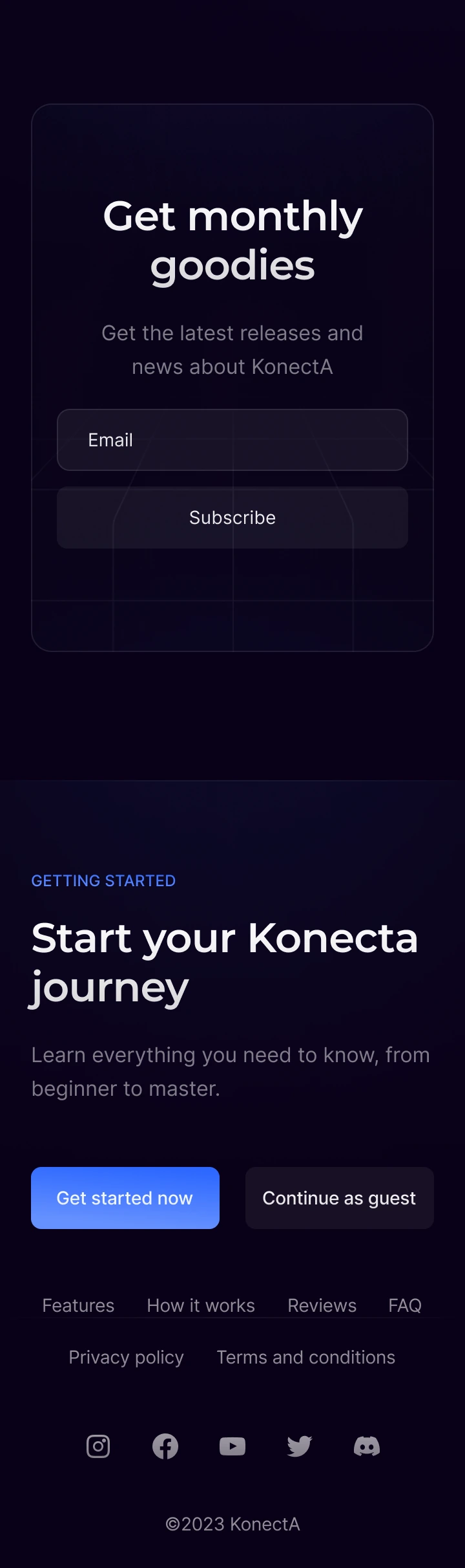 Konecta — Landing · Mobile · Subscription and footer