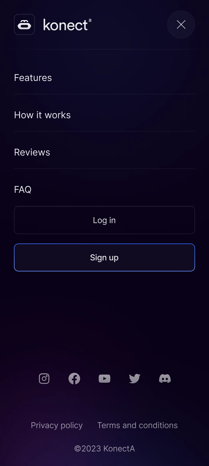 Konecta — Landing · Mobile navigation
