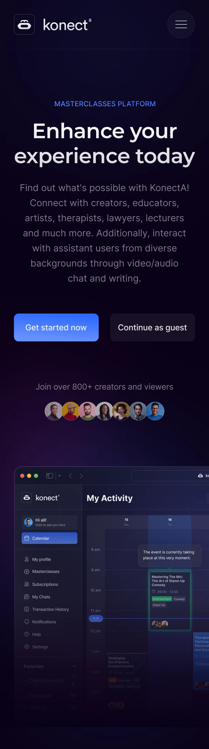 Konecta — Landing · Mobile · Opening and product preview