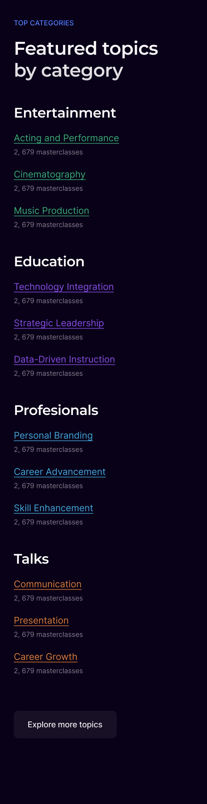 Konecta — Landing · Mobile · Topics and categories