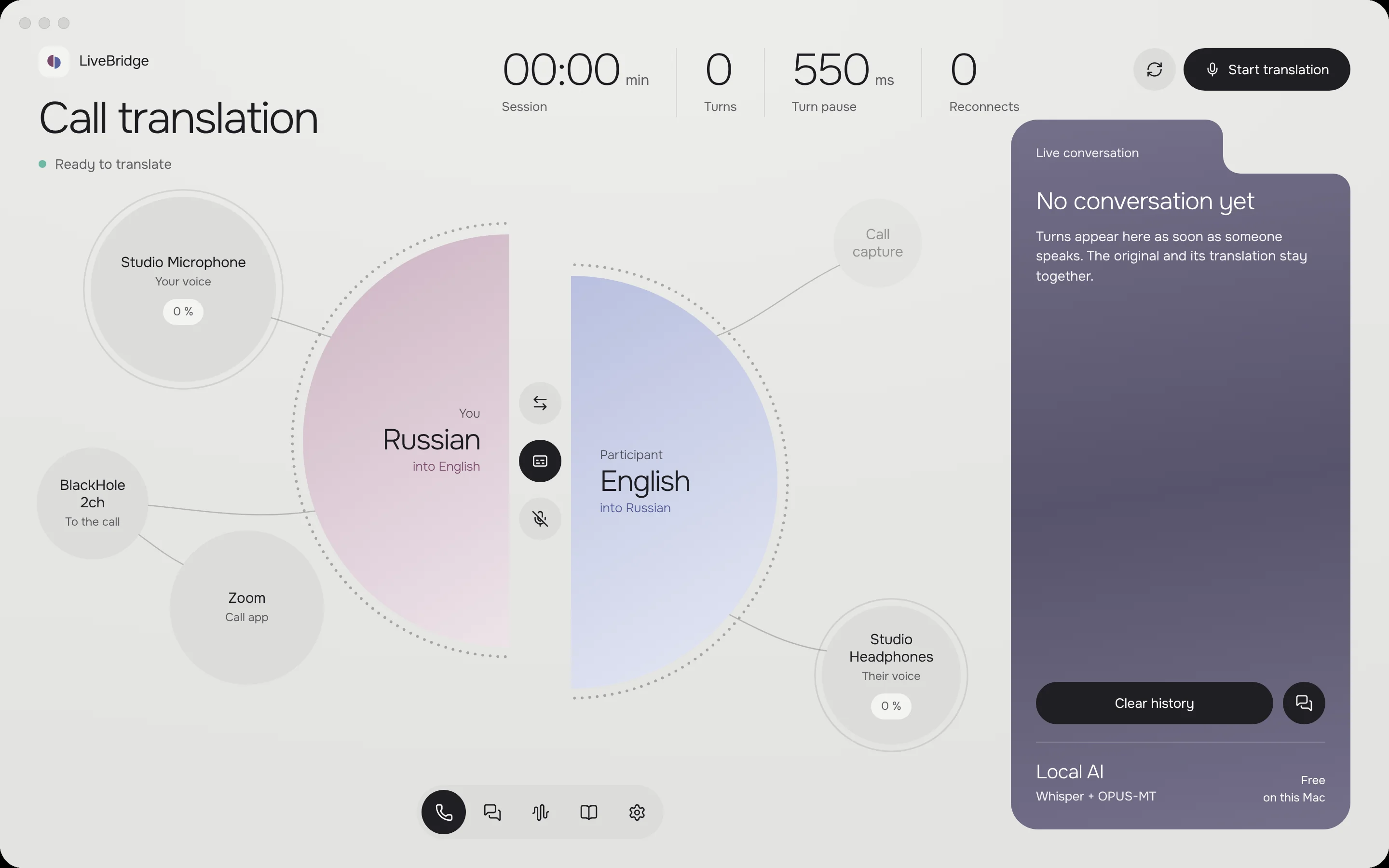 Call interface ready to start translation
