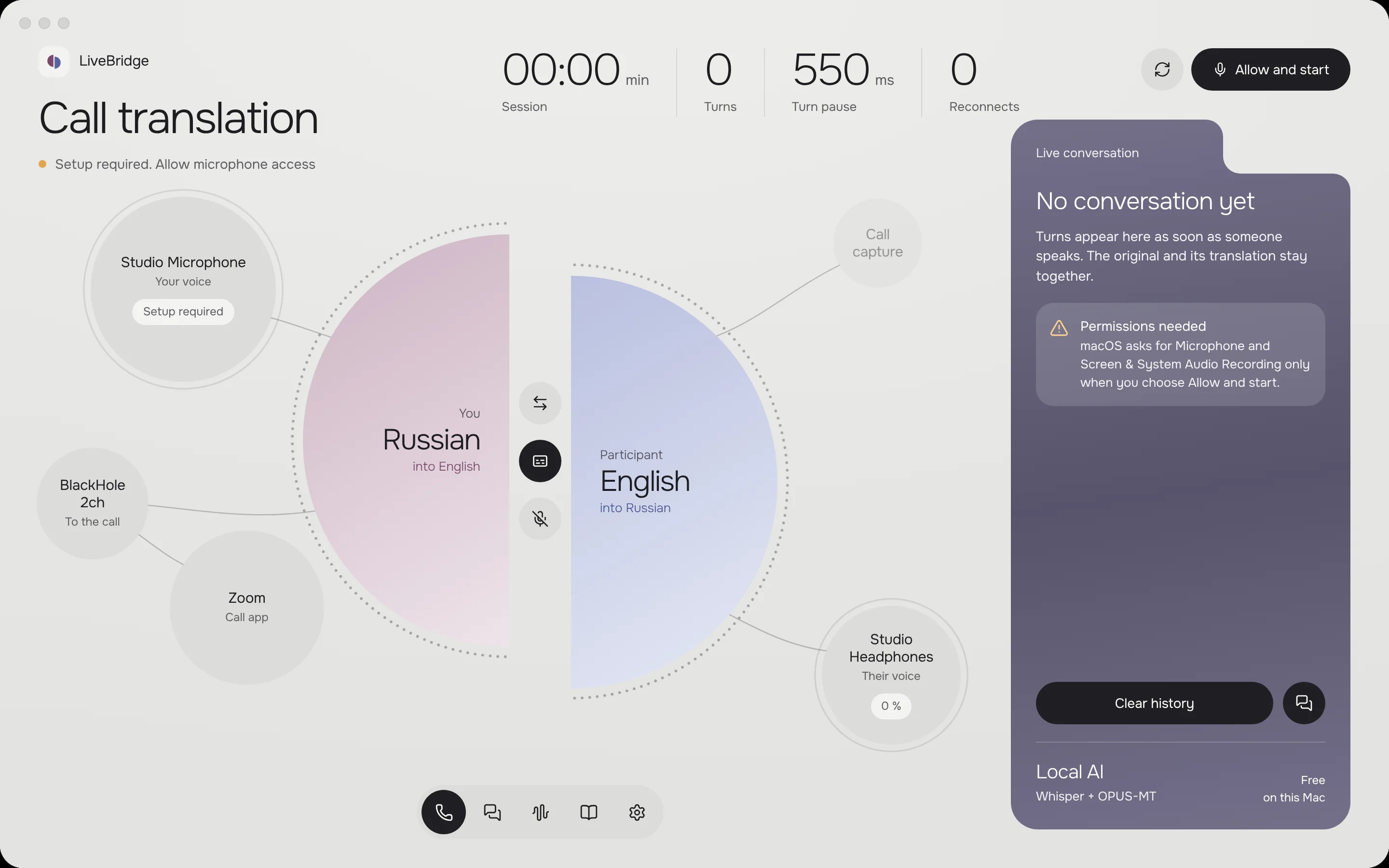 Audio setup with microphone, headphones and a call application