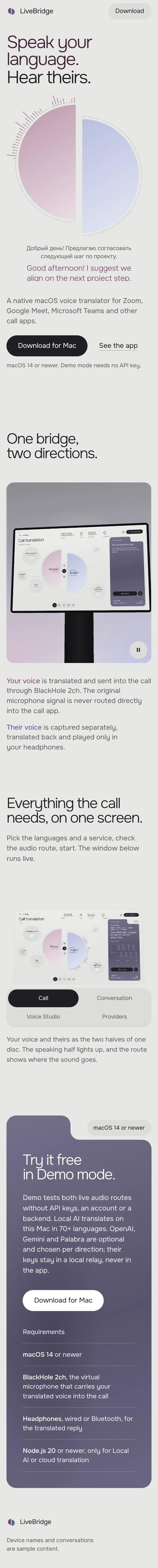Complete LiveBridge mobile website, from introduction to footer