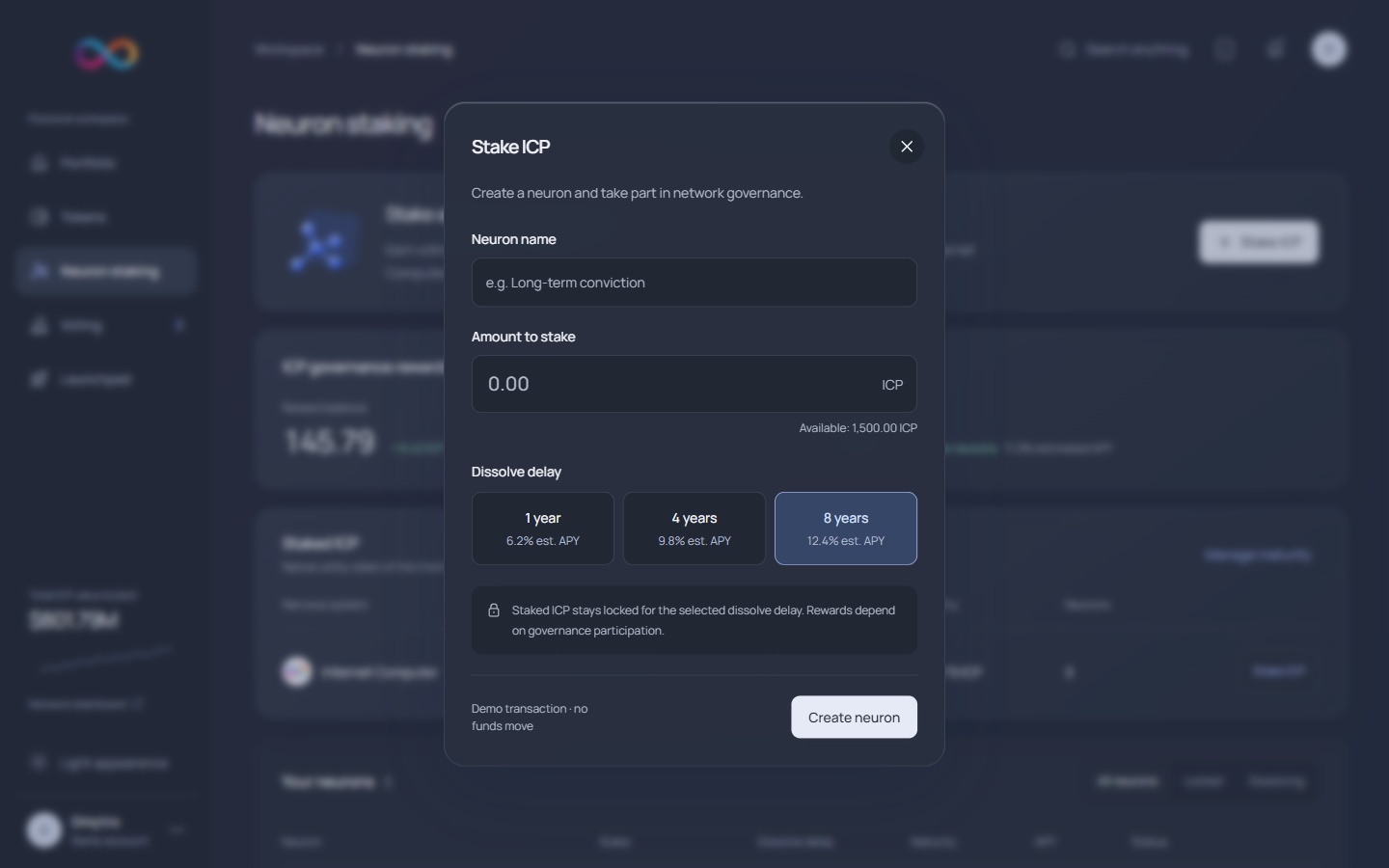 NNS stake icp · dark · desktop · dark interface