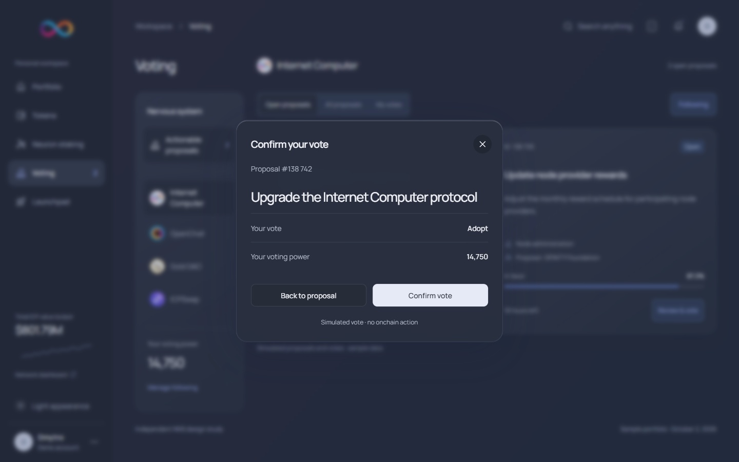 NNS vote confirmation · dark · desktop · dark interface