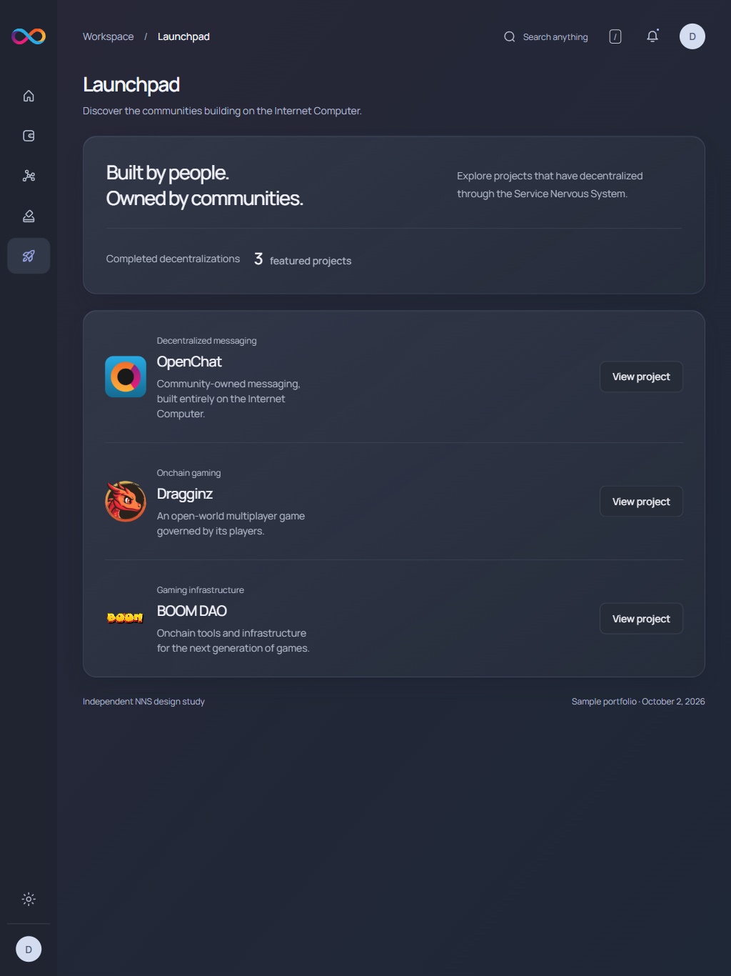 NNS launchpad · tablet · dark interface