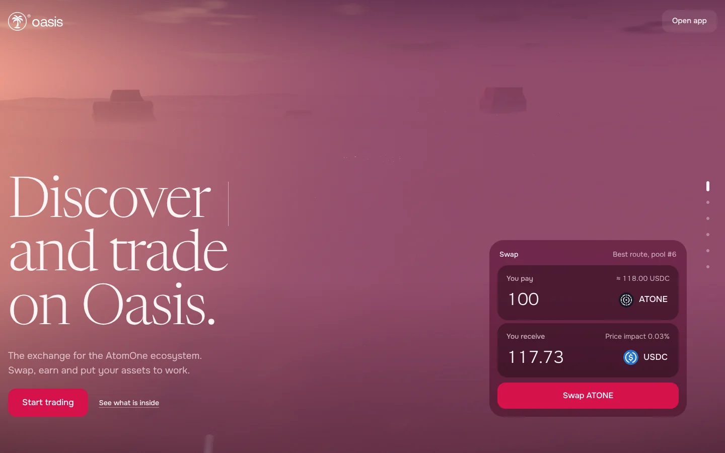 Oasis — discover and trade on Oasis, over the dusk oasis