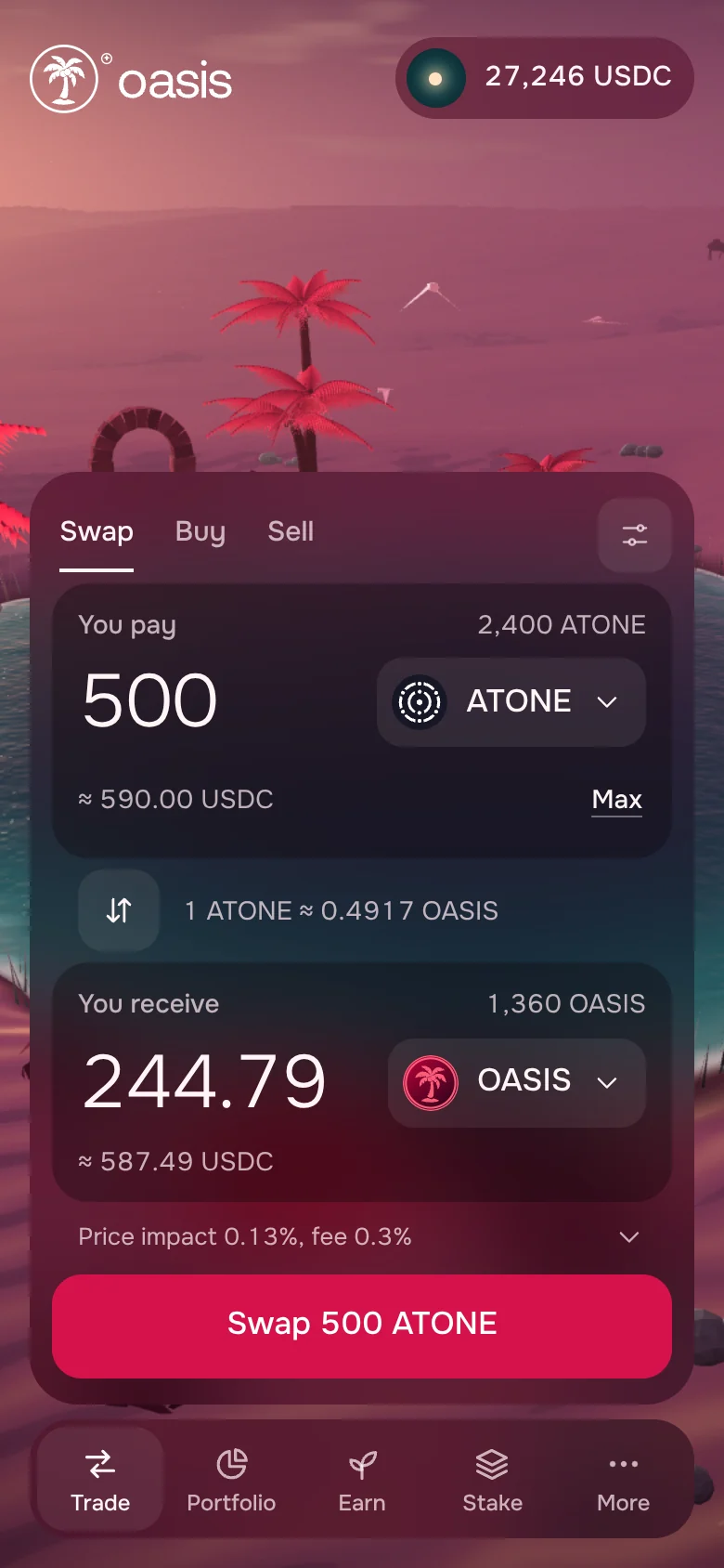 Oasis — linked: the balance in the header and the spring on the water