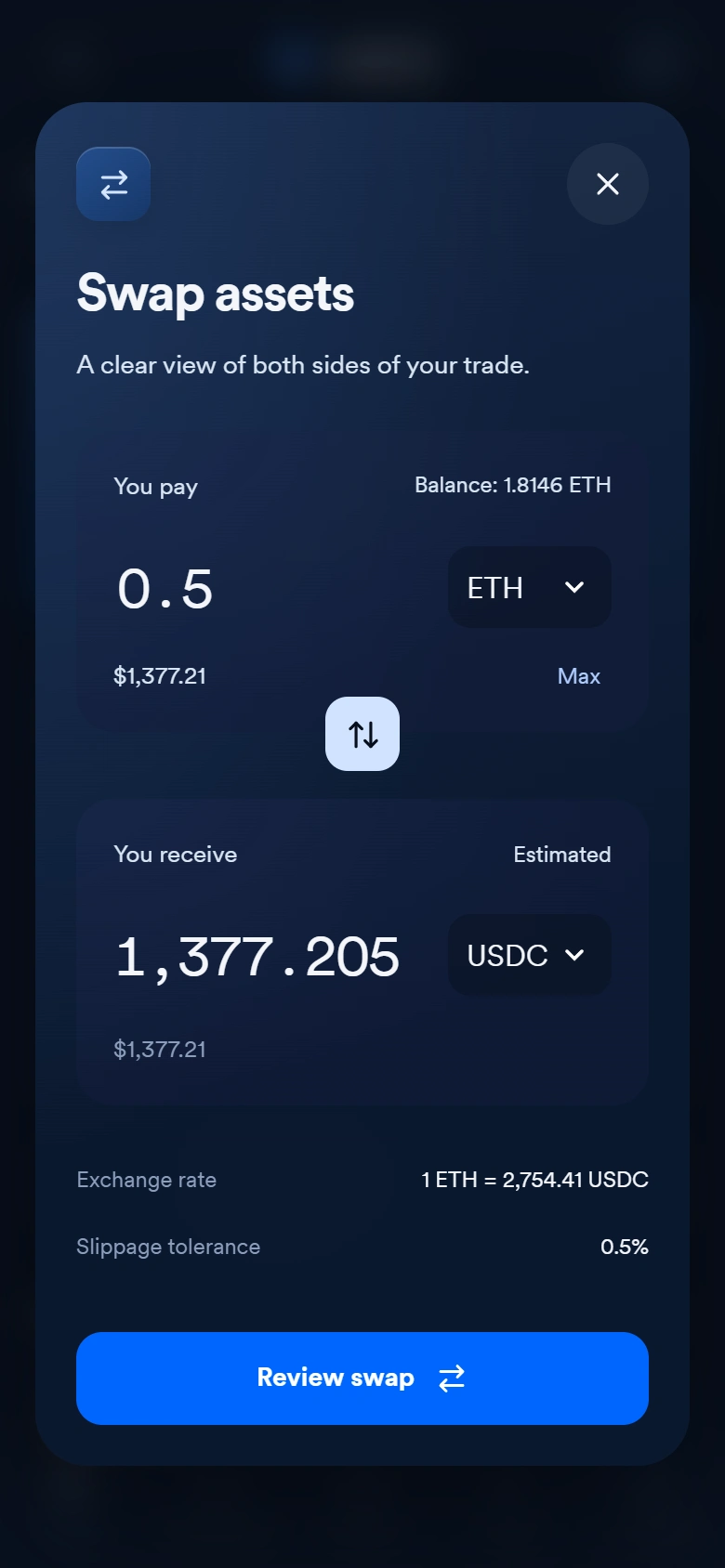 Mobile swap form showing pay and receive amounts