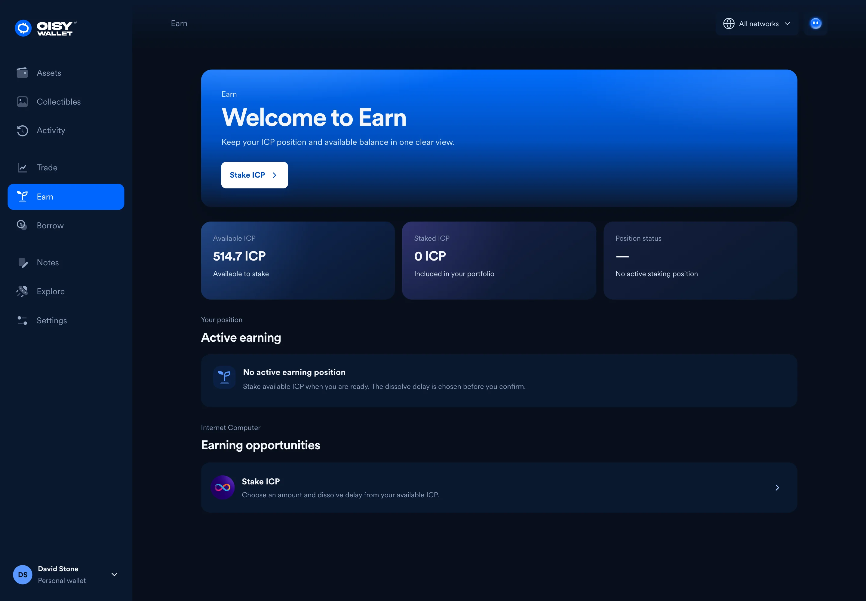 Oisy Earn staking workspace