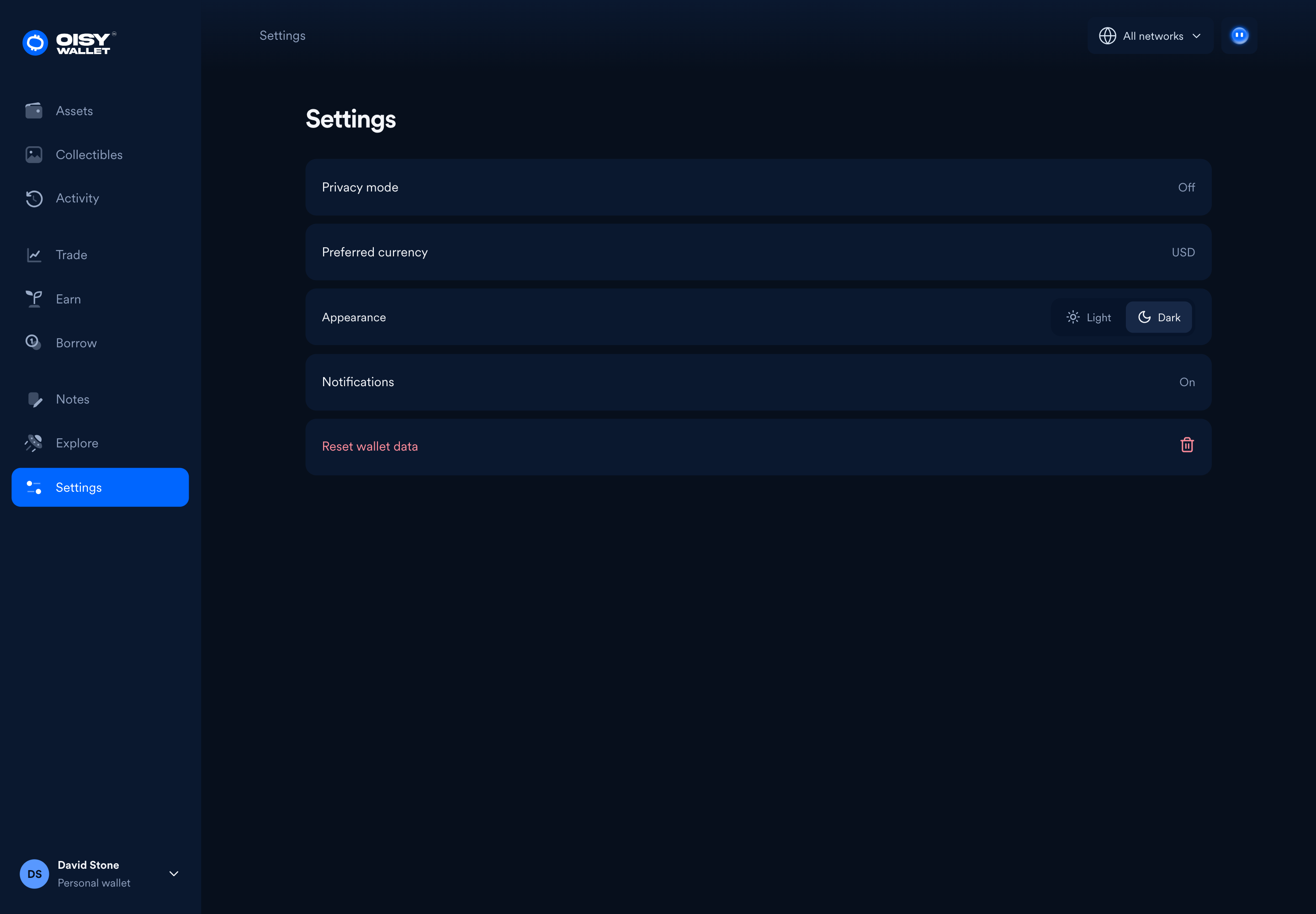 Oisy wallet settings
