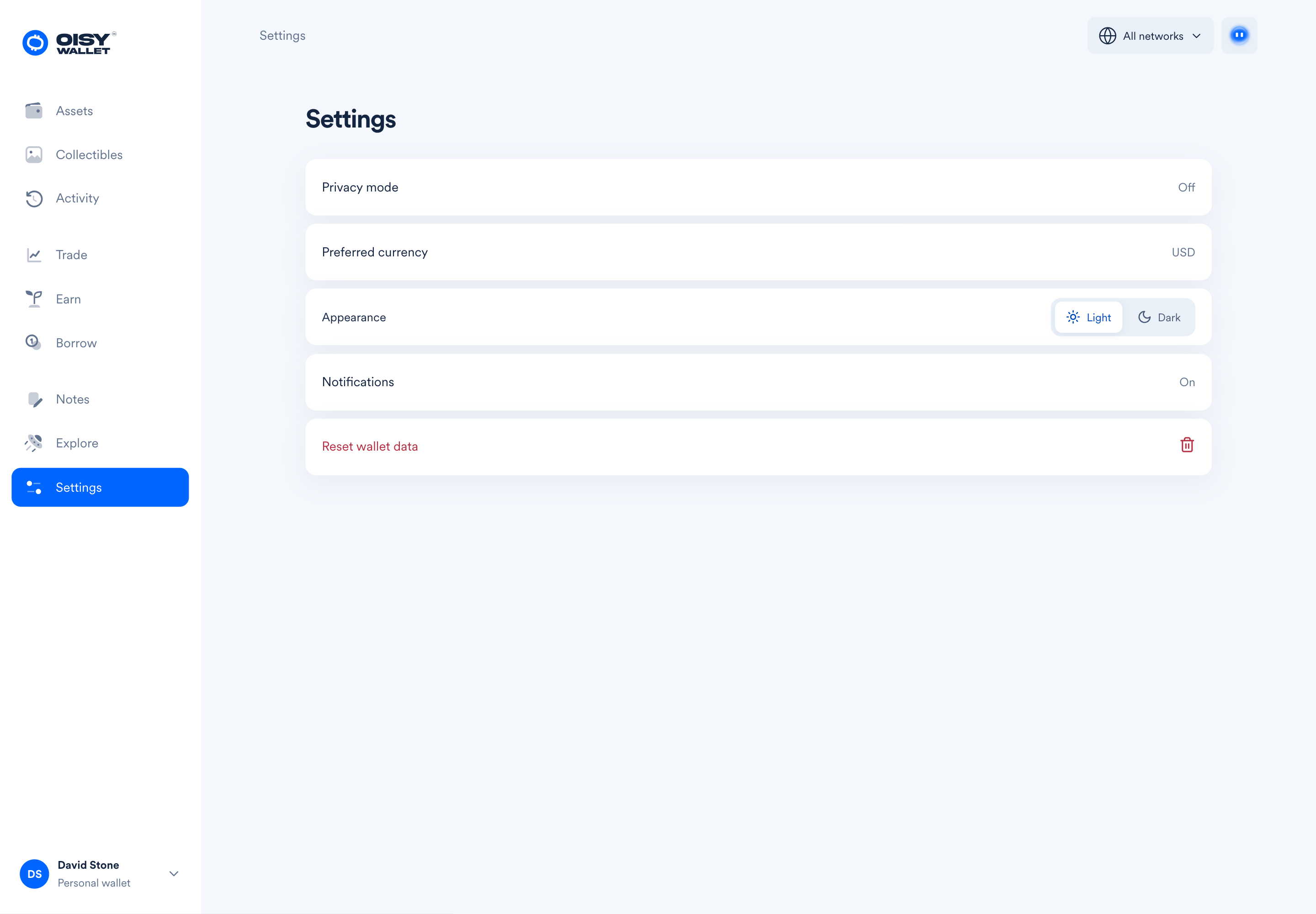 Oisy Settings Light product screen