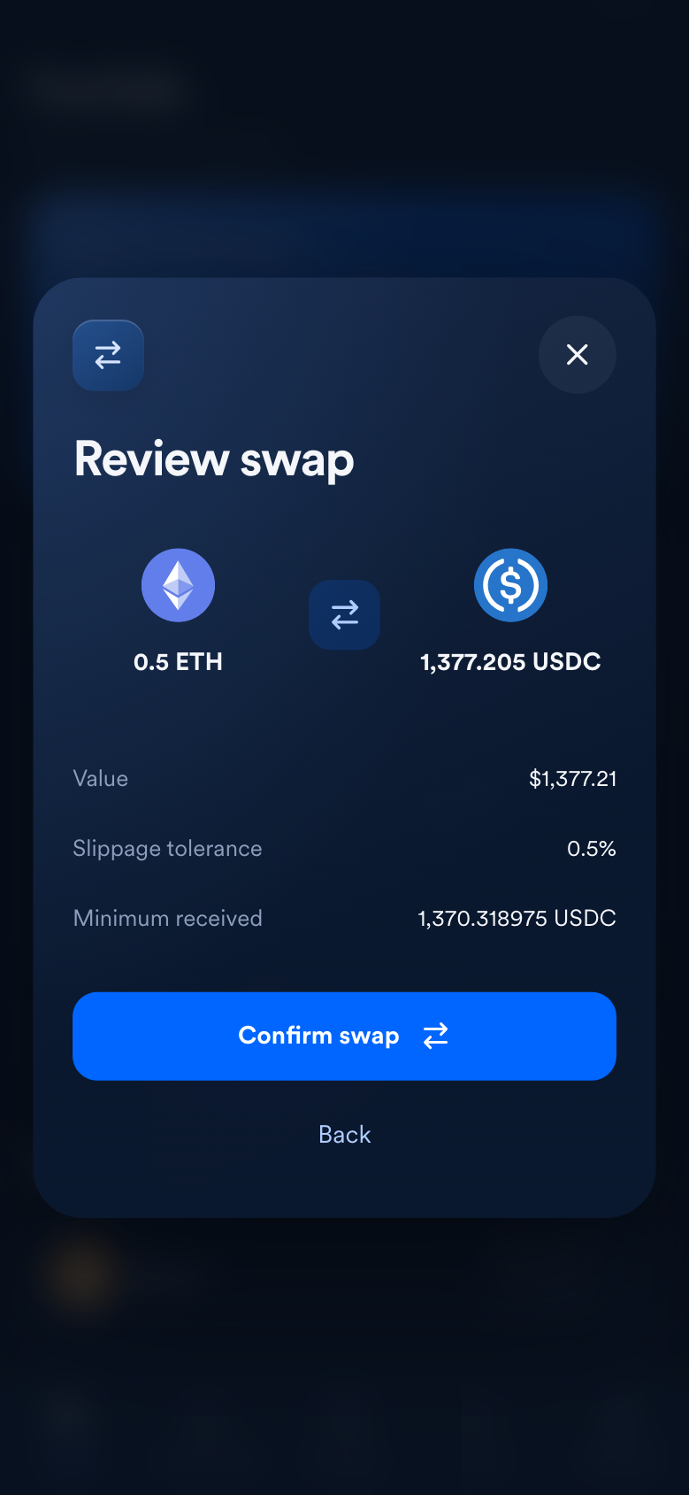 Mobile review step for an asset swap