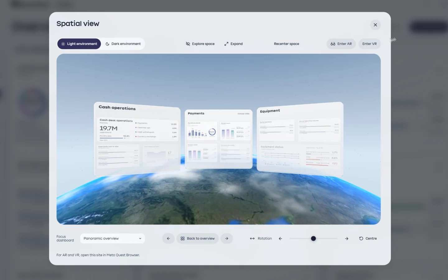 Orbita — the spatial view in the browser: three stands over the Earth, light environment