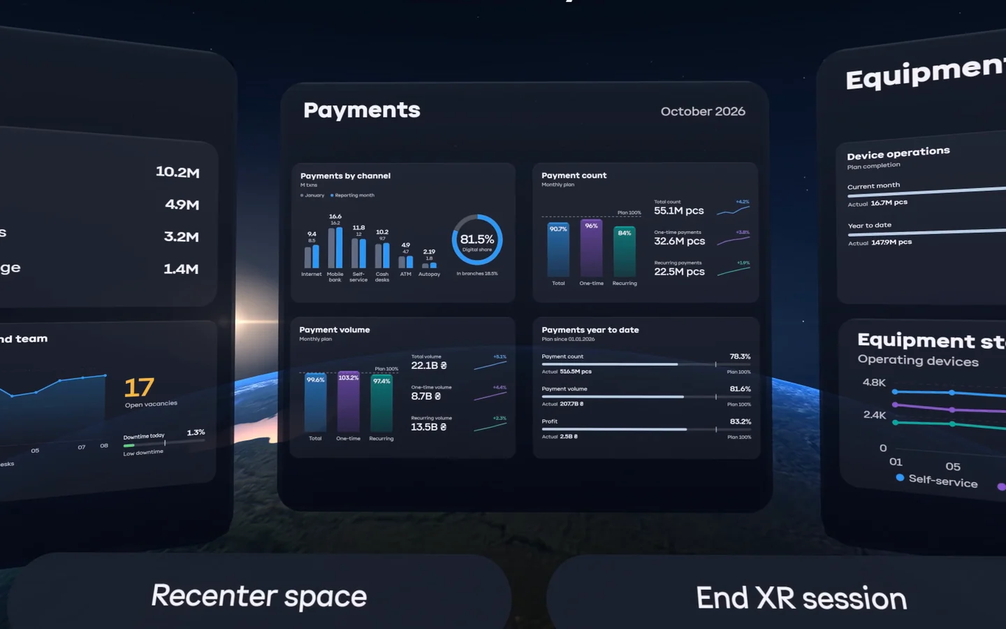 Orbita — in the headset: payments in the middle, cash operations and equipment at the sides