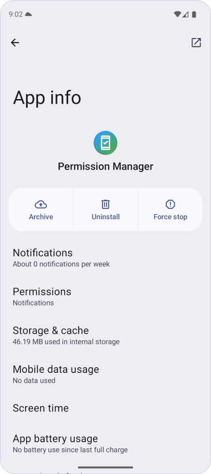 Android system UI · App info for Permission Manager itself, captured in an emulator