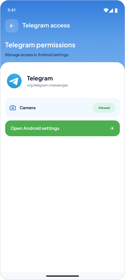 Custom · Telegram access and the Android settings action