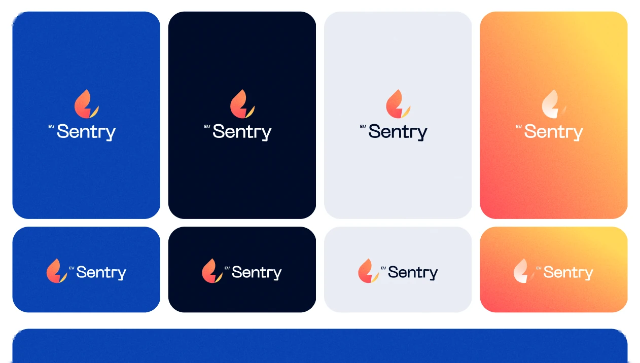 The logo on blue, navy, light grey and the orange gradient, in two layouts