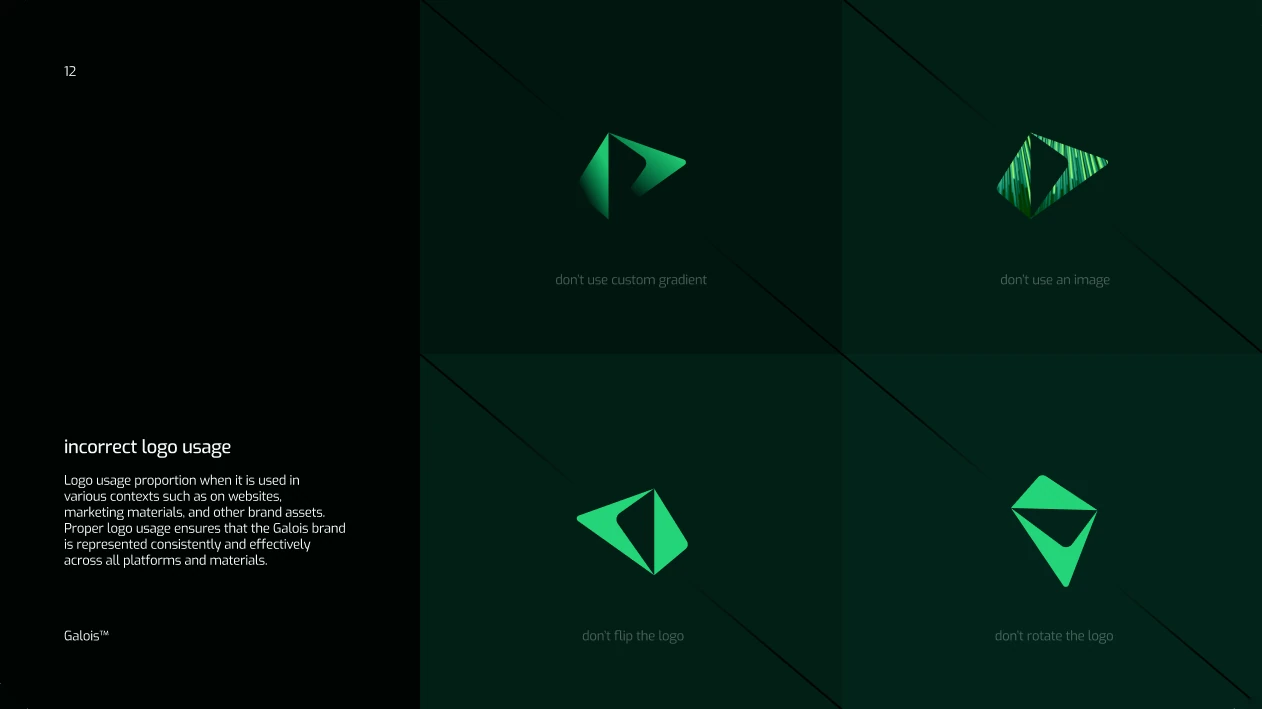 Incorrect logo use: a gradient, an image fill, a flipped and a rotated mark