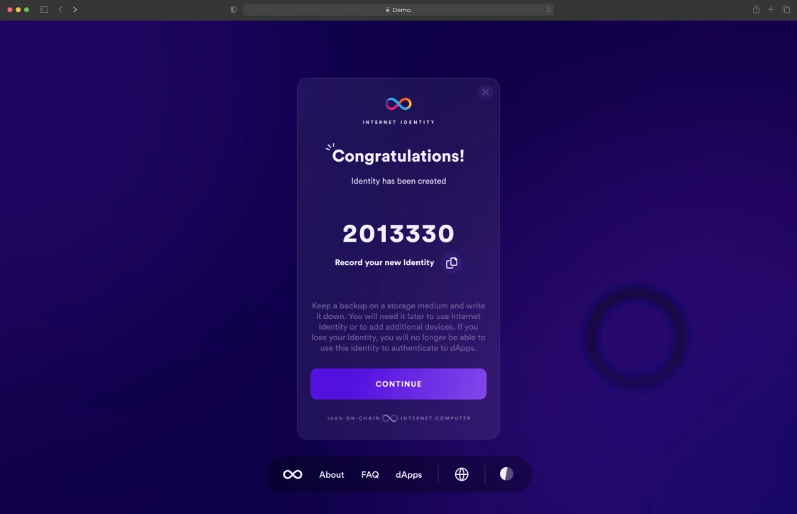Identity created: its number and the advice to keep a backup