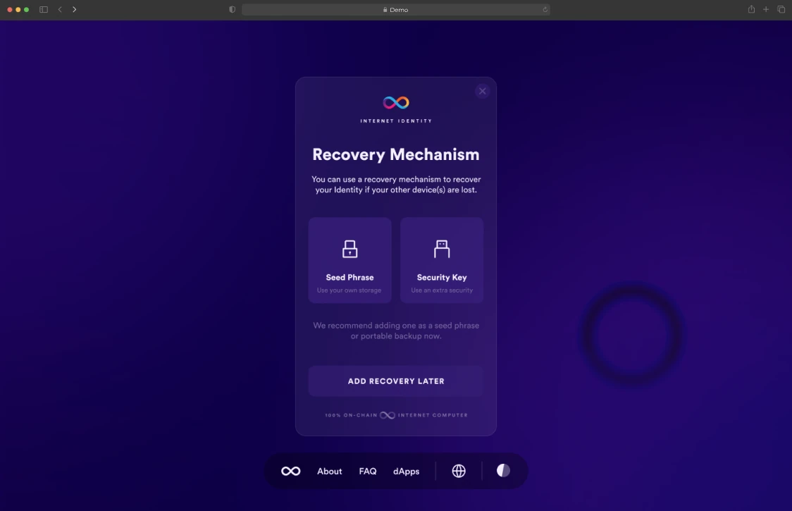 Choosing a recovery method: a seed phrase or a security key