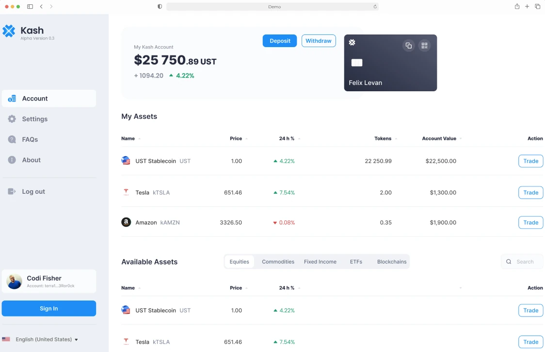 The account: balance, card and assets