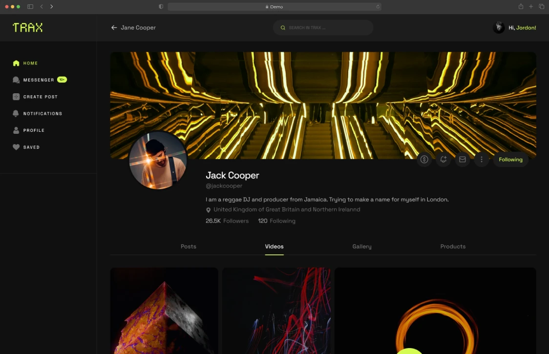 A musician’s profile on the web, on the Videos tab