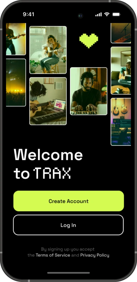 The welcome screen on a phone, with musicians at work