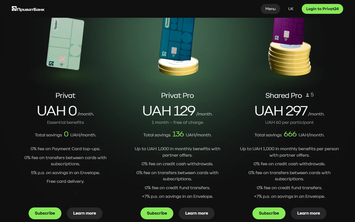 PrivatBank — Compare subscriptions: the card on a column of coins