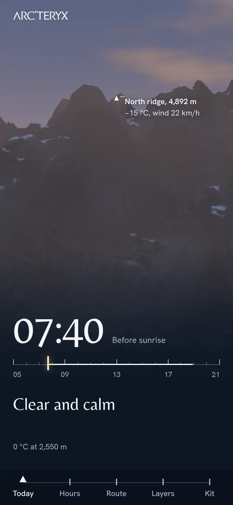 Arc’teryx Conditions — today at 07:40, clear and calm