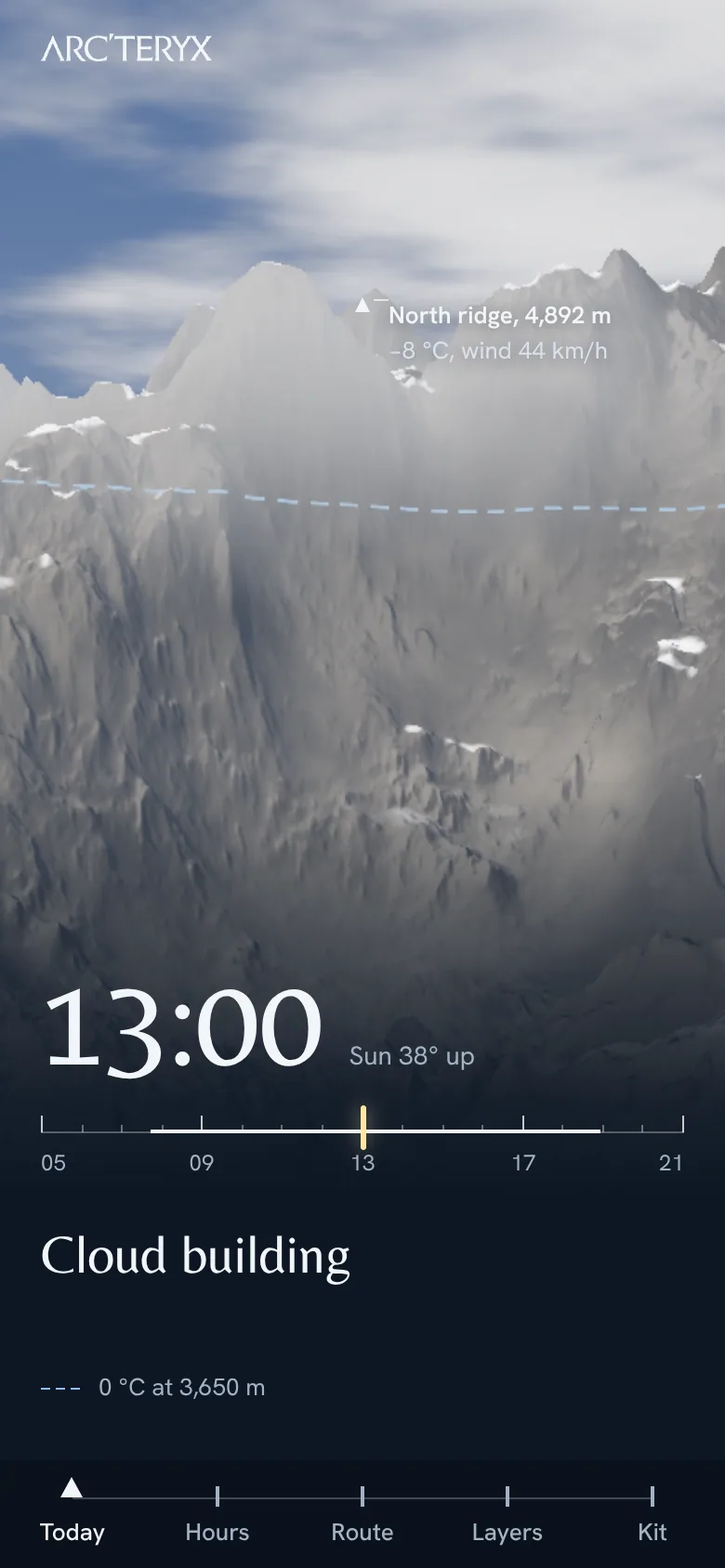 Arc’teryx Conditions — today at 13:00, cloud building over the summit