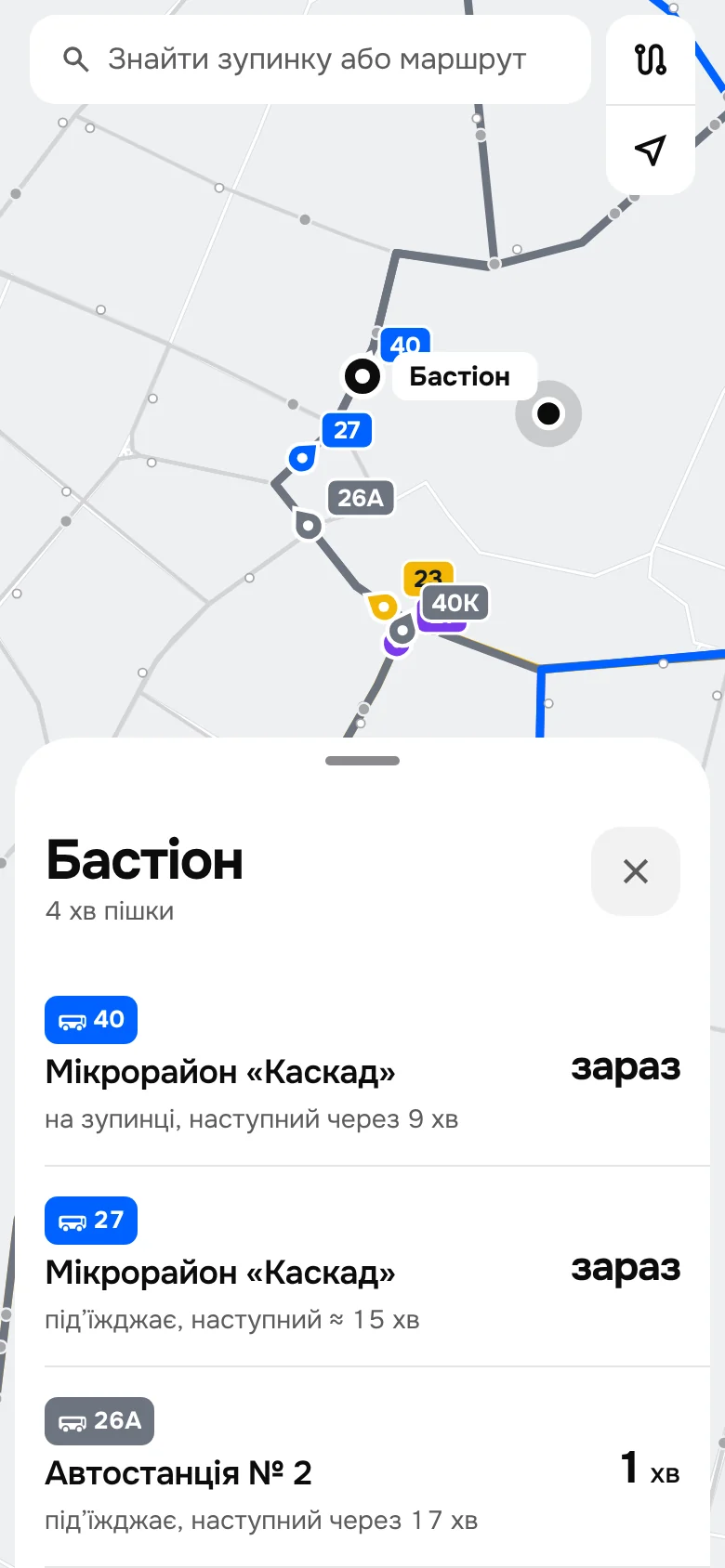 Dozor — a stop chosen on the map, with its six arrivals in colour