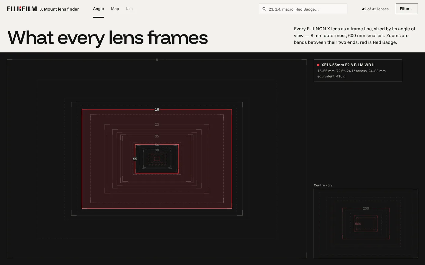 X Mount Lens Finder — a Red Badge zoom drawn as a band